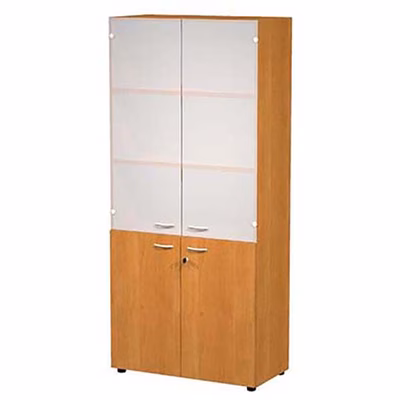 Immagine di Libreria c/ante battenti basse in melaminico e alte in vetro satinato GUIT cm 90x46x200 noce chiaro