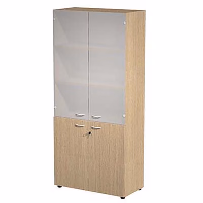 Immagine di Libreria c/ante battenti basse in melaminico e alte in vetro satinato GUIT cm 90x46x200 rovere