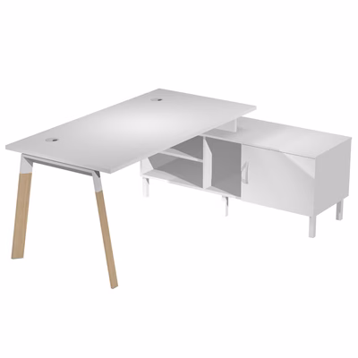 Immagine di Scrivania c/mobile di servizio WORK cm 145x140x75 gamba legno piano bianco