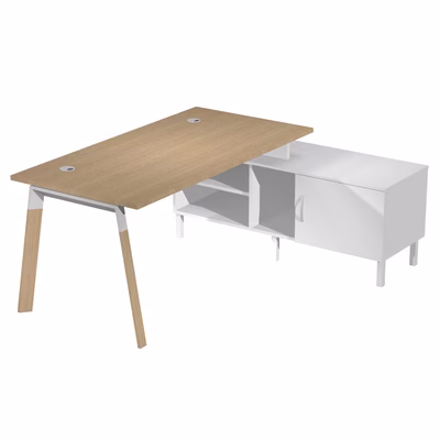 Immagine di Scrivania c/mobile di servizio WORK cm 145x140x75 gamba legno piano rovere chiaro