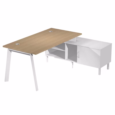 Immagine di Scrivania c/mobile di servizio WORK cm 145x140x75 gamba metallica piano rovere chiaro