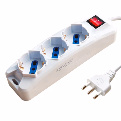 Immagine di Multipresa Standard con cavo 1,5 metri 3 posti spina grande 16A > prese univ. Schuko/bipasso bianca