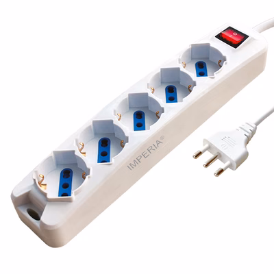 Immagine di Multipresa Standard con cavo 1,5 metri 5 posti spine grande 16A > prese univ. Schuko/bipasso bianca