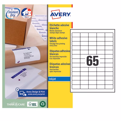 Immagine di Etichette adesive in carta bianca per stampanti inkjet, 38,1x21,2mm, 65 etichette per foglio, 25 ff