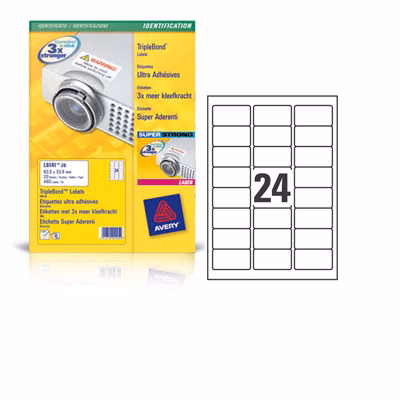 Immagine di Etichette adesive in poliestere bianco extra resistente, 63,5x33,9mm, 24 etichette per foglio, 20 ff