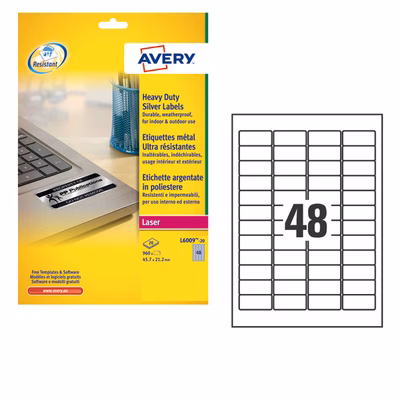 Immagine di Etichette adesive in poliestere argento AVERY L6009 per stampanti laser 45,7x21,2 mm 20 fogli