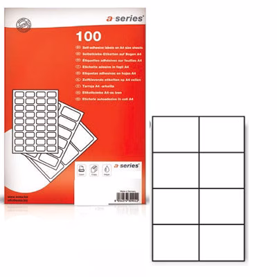 Immagine di Etichette adesive in carta bianca per stampanti laser e Inkjet 105x74 mm 100 ff