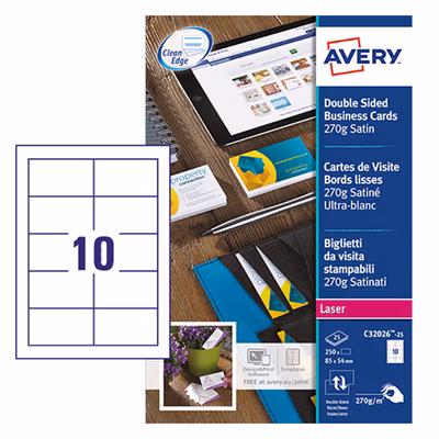 Immagine di Avery Biglietti da visita C32016-25, stampanti laser, 85x54mm, 10 biglietti per foglio, 25 fogli