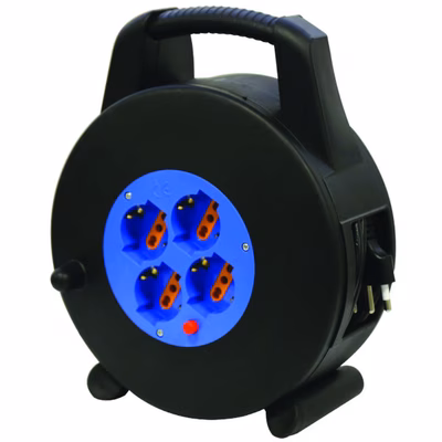 Immagine di Avvolgicavo elettrico spina grande 16A > 4 prese bipasso/Schuko cavo 10 metri colore nero