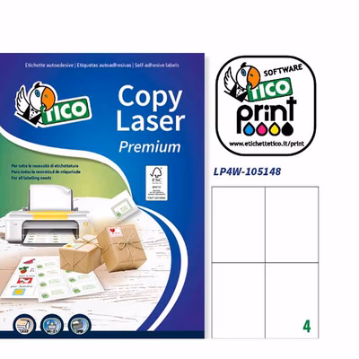 Immagine di Etichette adesive in carta bianca certificata FSC®,105x148mm, 4 etichette per foglio, 100 fogli