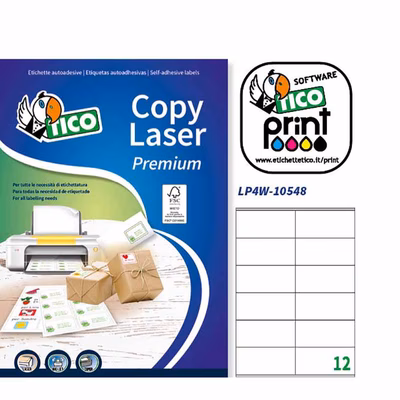 Immagine di Etichette adesive in carta bianca certificata FSC®, 105x48mm, 12 etichette per foglio, 100 fogli