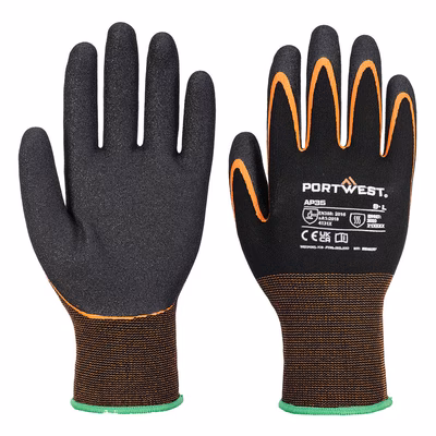 Immagine di Guanto a doppia spalmatura in nitrile sul palmo grip 15 PORTWEST AP35 colore nero/arancione taglia L