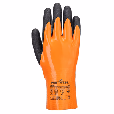 Immagine di Guanto doppia spalmatura in nitrile grip 15 PORTWEST AP36 colore arancione/nero taglia L