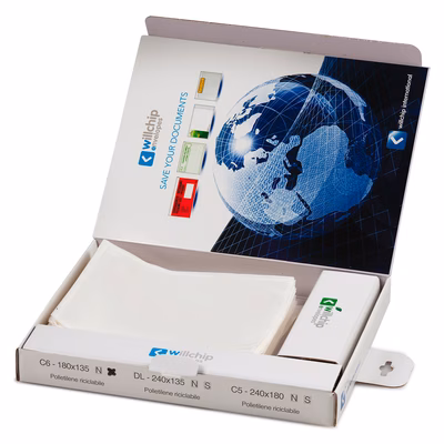 Immagine di Busta adesiva p/docum. WILLCHIP cm 24x18 in LDPE trasp. A4 piegato in 2 c/patella per isp. postale