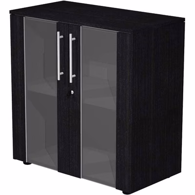 Immagine di Libreria singola bassa c/ante batt.vetro fumè STYLE cm 82,8x43xH81,4 finitura nero venato frassino