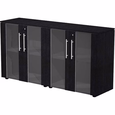 Immagine di Libreria doppia bassa c/ante batt.vetro fumè STYLE cm 162,8x43xH81,4 finitura nero venato frassino