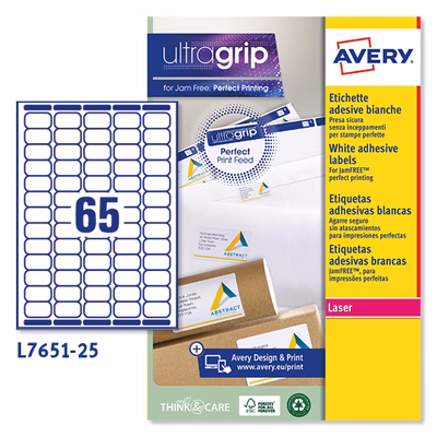 Immagine di Etichette adesive bianche in carta ecologica, 38,1x21,2mm, 65 etichette per foglio, 25 fogli