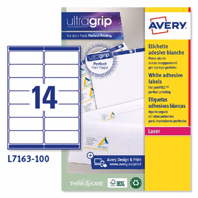 Immagine di Etichette adesive bianche in carta ecologica, 99,1x38,1mm, 14 etichette per foglio, 100 fogli