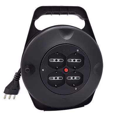 Immagine di Avvolgicavo elettrico spina grande 16A > 4 prese bipasso/Schuko cavo 10 metri colore nero