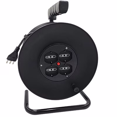 Immagine di Avvolgicavo elettrico spina grande 16A > 4 prese bipasso/Schuko cavo 25 metri colore nero