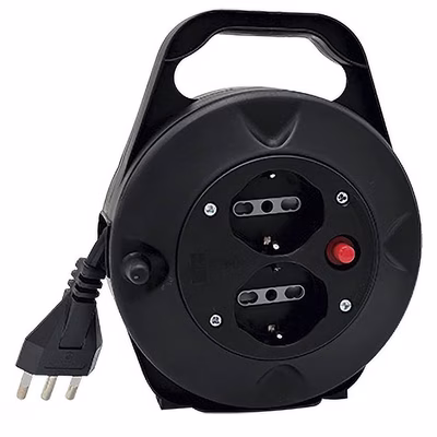 Immagine di Avvolgicavo elettrico spina grande 16A > 2 prese bipasso/Schuko cavo 5 metri colore nero