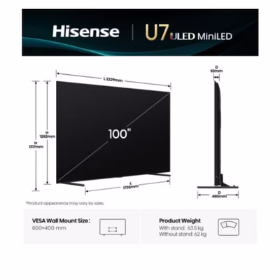 Immagine di Tv 100" 4K (3840x2160) HISENSE 100 U7Q MINI LED 4K UHD SMART VIDAA REFRESH RATE 1 100U7Q