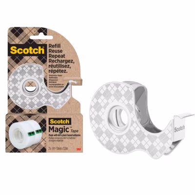 Immagine di Dispenser in acciaio inossidabile Scotch Argento + 2 Nastro Scotch Magic 19 mm x 13,9 m