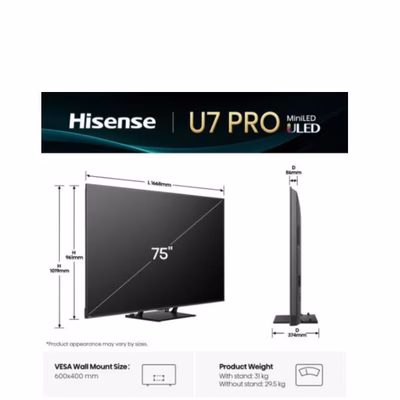 Immagine di Tv 75" 4K (3840x2160) HISENSE 75 U7Q PRO MINI LED 4K UHD SMART VIDAA REFRESH RAT 75U7Q-PRO