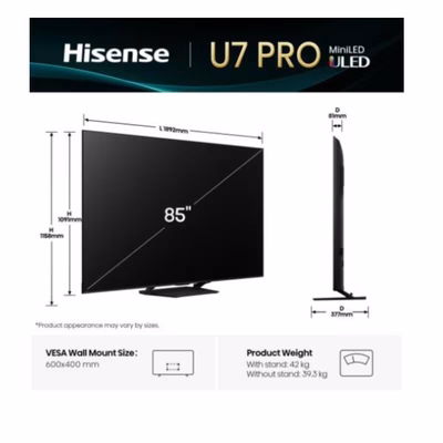 Immagine di Tv 85" 4K (3840x2160) HISENSE 85 U7Q PRO MINI LED 4K UHD SMART VIDAA REFRESH RAT 85U7Q-PRO