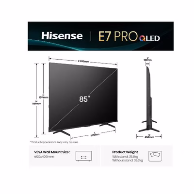 Immagine di Tv 85" 4K (3840x2160) HISENSE 85 E7Q PRO QLED 4K UHD SMART VIDAA REFRESH RATE 14 85E7Q-PRO