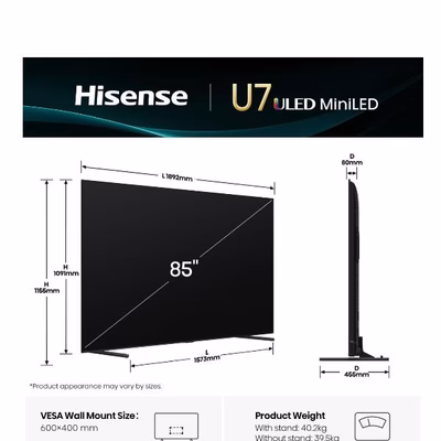 Immagine di Tv 85" 4K (3840x2160) HISENSE 85 U7Q MINI LED 4K UHD SMART VIDAA REFRESH RATE 14 85U7Q