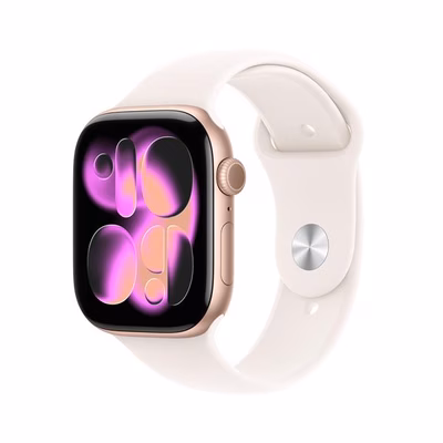 Immagine di Apple Watch Series 11 GPS Cassa 46 mm in alluminio oro rosa cinturino Sport rosa fard - M/L