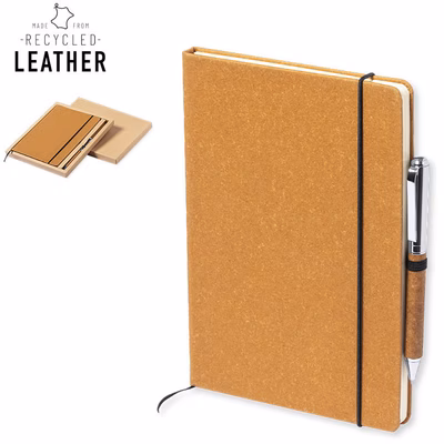 Immagine di Set block notes 100FF A5 + penna Nauthax in pelle riciclata colore marrone