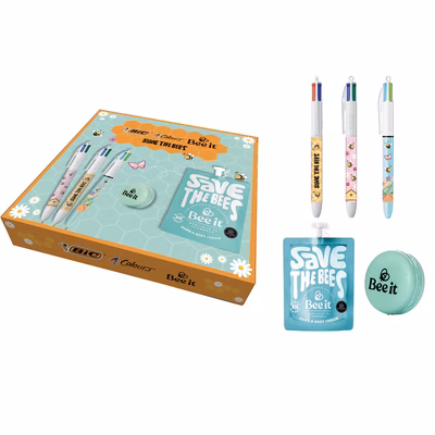Immagine di Cofanetto 3 Penna a sfera BIC 4 COLORI SAVE THE BEES + Crema mani/corpo 50ml + Macaron portacrema