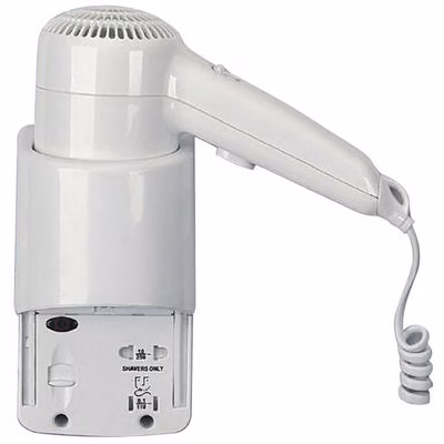 Immagine di Asciugacapelli uso alberghiero a pistola con supporto murale presa rasoio MEDIAL YUL BASIC bianco