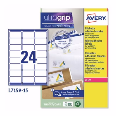 Immagine di Etichette adesive bianche in carta ecologica, 63,5x33,9mm, 24 etichette per foglio, 15 fogli