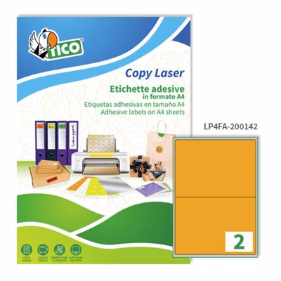 Immagine di Etichette adesive arancio fluo in carta certificata FSC®, 200x142mm, 2 etichette per foglio, 70 ff