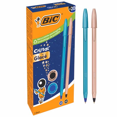 Immagine di Penna a sfera colori blu e nero BIC CRISTAL GLACÉ fusto turchese e rosa punta media mm 1